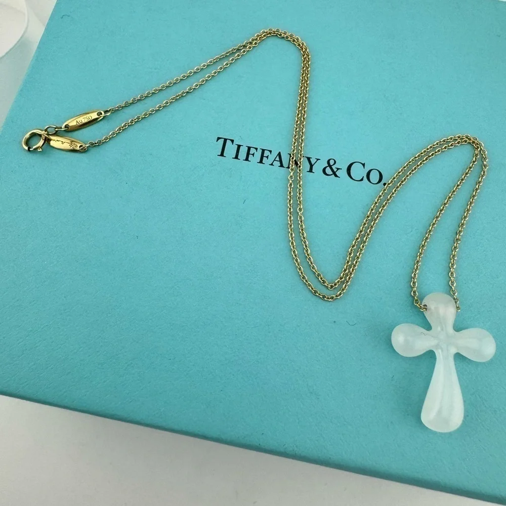 Tiffany & Co. Elsa Peretti White Jade Cross Necklace 18k Yellow Gold 16
